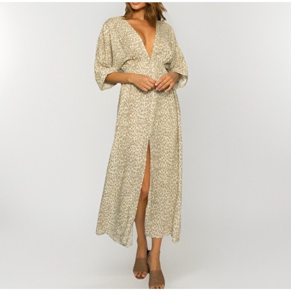 Girl and The Sun Verity Maxi Dress Deep VNeck Cream Muted Leopard Euro Trip Sz M